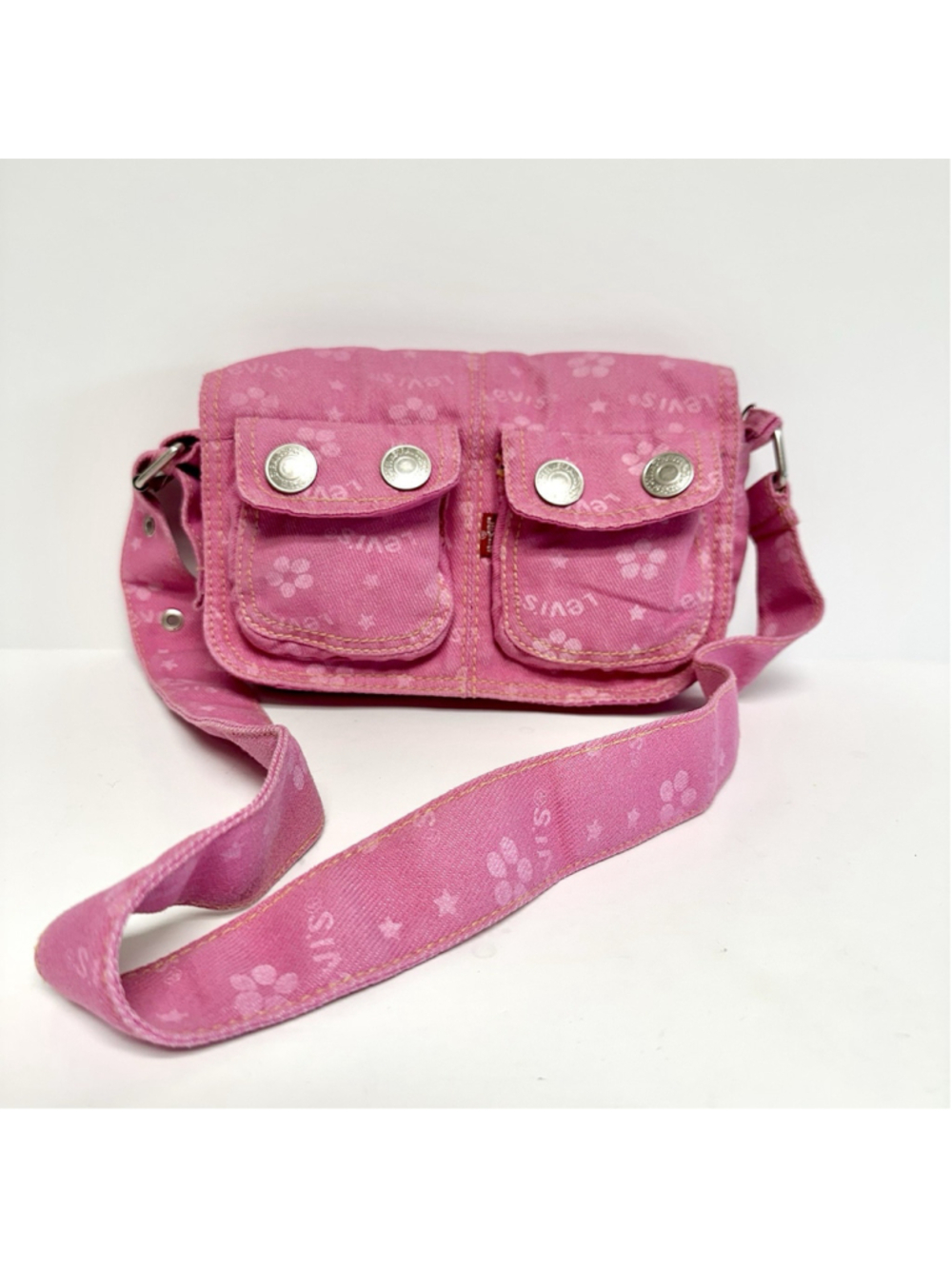 Vintage Levis Pink Denim Utility Shoulder Bag Y2K Cargo Purse Floral Print